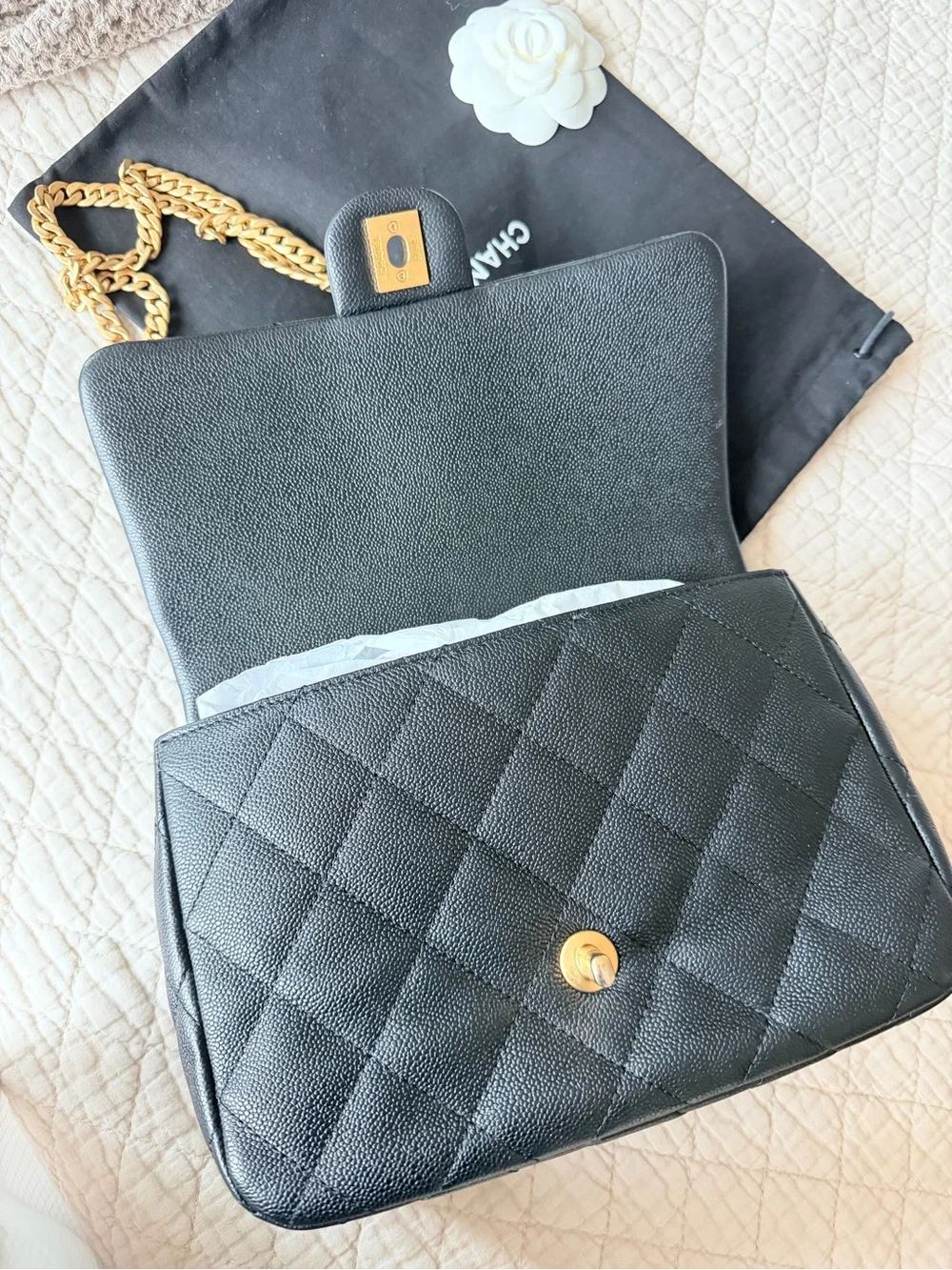 CHANEL Black Quilted Shoulder Bag with Gold Hardware